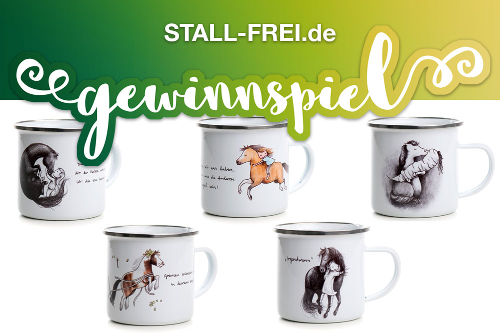 Gewinnspiel, STALL-FREI.de, Das gestiefelte Pferd, Emailletasse, Tasse, Pferdemotiv