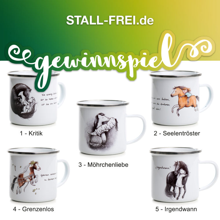 Gewinnspiel, STALL-FREI.de, Das  gestiefelte Pferd, Emailletasse, Tasse, Pferdemotiv