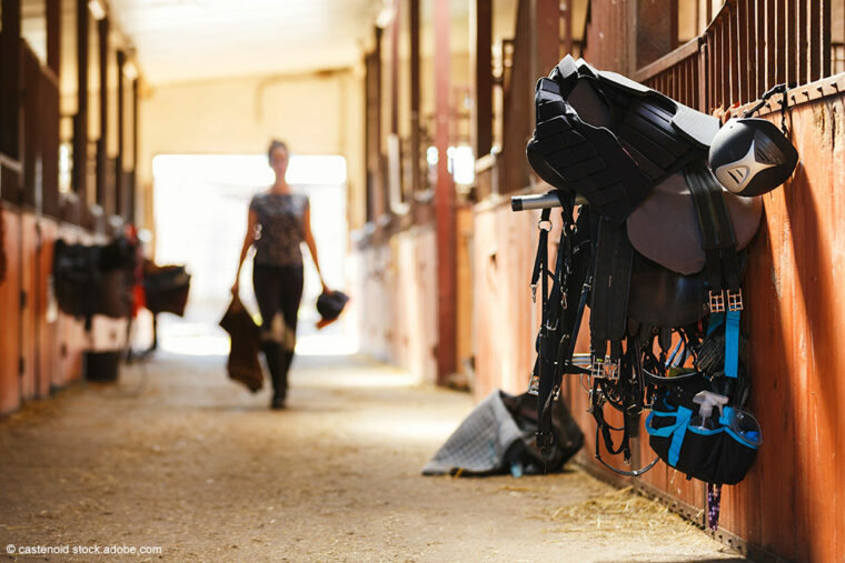 Stallgasse mit Sattel, eine Frau kommt